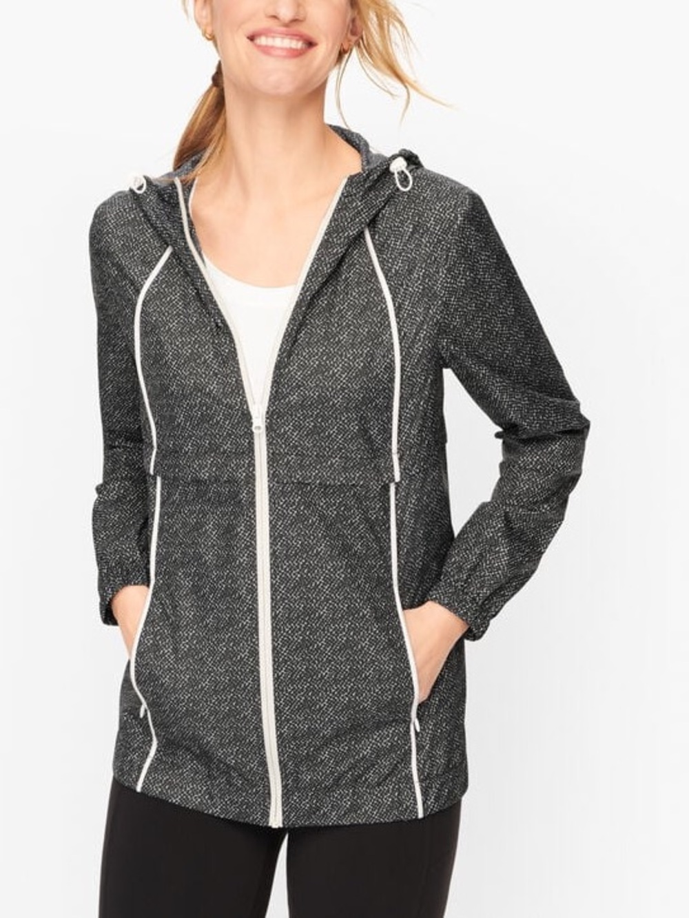 NWT T by Talbots Hooded Polka Dot Jacket Windbreaker Black White Medium Petire